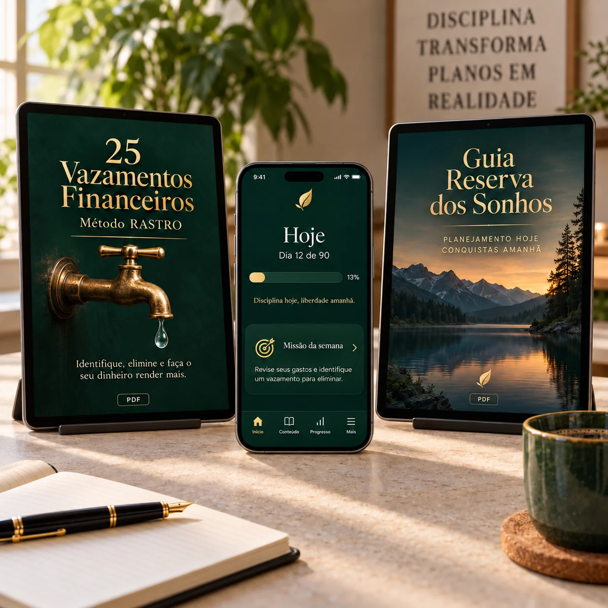 Celular com o aplicativo do método e dois tablets mostrando os e-books em PDF
